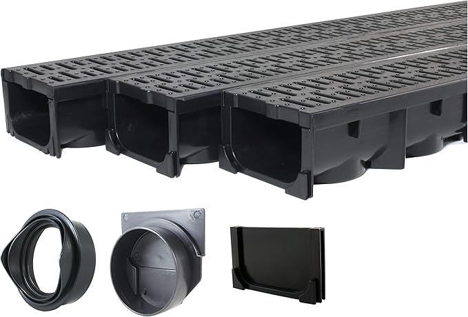 URA WATER - Model UA-100 - Drainage Trench Set - Channel Drain With Grate - Black Plastic - 3 x 39" - (117" Total Length)