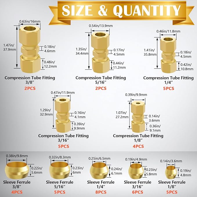 46PCS Brass Compression Tube Fitting Assortment kit- 1/8", 3/16", 1/4", 5/16", 3/8" OD Compression Fittings, Compression Sleeves Ferrules &Compression Union Connector