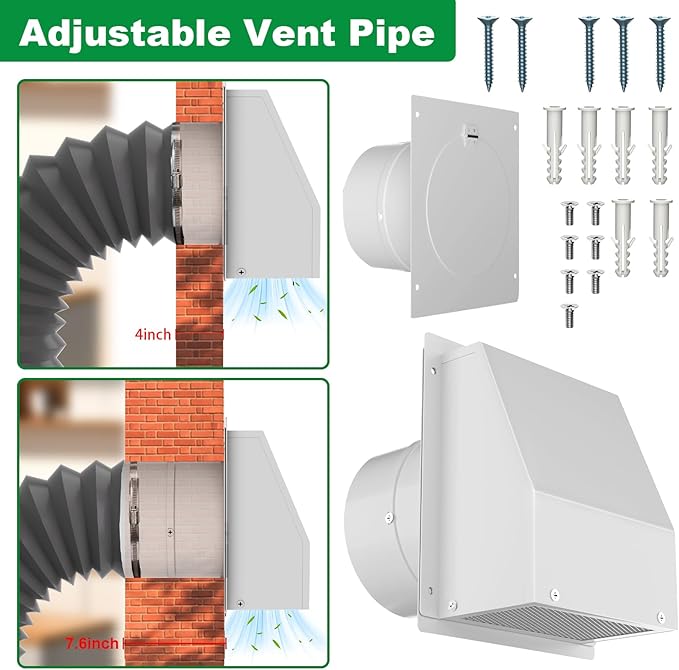 8 Inch Hooded Wall Vent with Screen and Damper, Galvanized Steel Dryer Vent Cover Outside, Wall Vent Cover Cap Exterior Air Exhaust Fan for Kitchen Range Hood HVAC Duct Dryer Vent