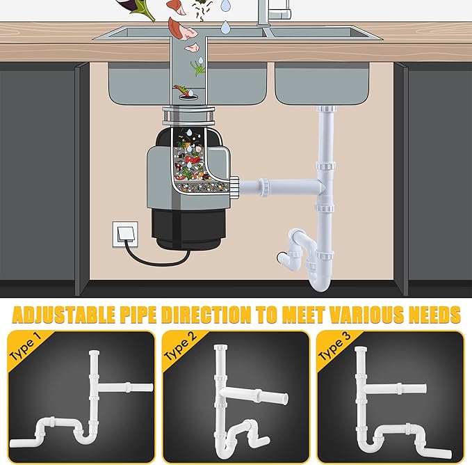 Saillong 27 Pcs Garbage Disposal Installation Kit Complete Kitchen Sink Drain Pipe Kit for Double Bowl Sink, 1-1/2" Plumbing, Simple Install, Leak Proof (Set A)