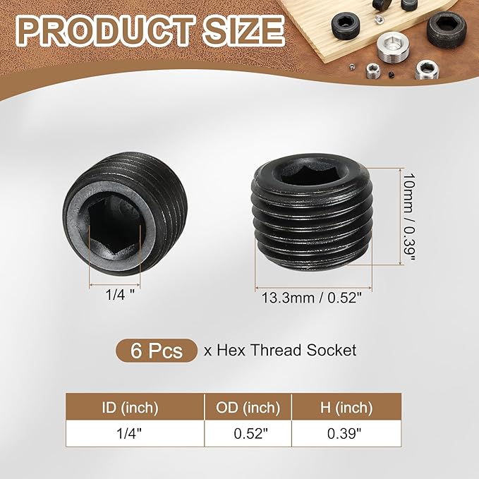 Pipe Plug Carbon Steel Internal Hex Thread Socket Pipe Plug Fitting - Fitting for (Sealing Port - Air Tanks - Water Outlets) 1/4 Inch NPT Male & 6 Pack