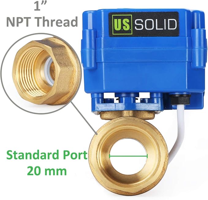 U.S. Solid Motorized Ball Valve- 1" Brass Ball Valve with Standard Port, 9-24V AC/DC and 2 Wire Auto Return Setup