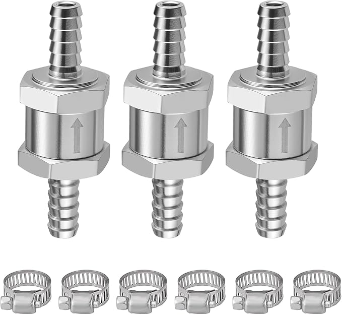 EVIL ENERGY 1/4'' (6mm) Check Valve, 3 Pcs Aluminum One Way Fuel Check Valve for Gasoline, Diesel & Coolant with Universal Hose Clamps, Silver