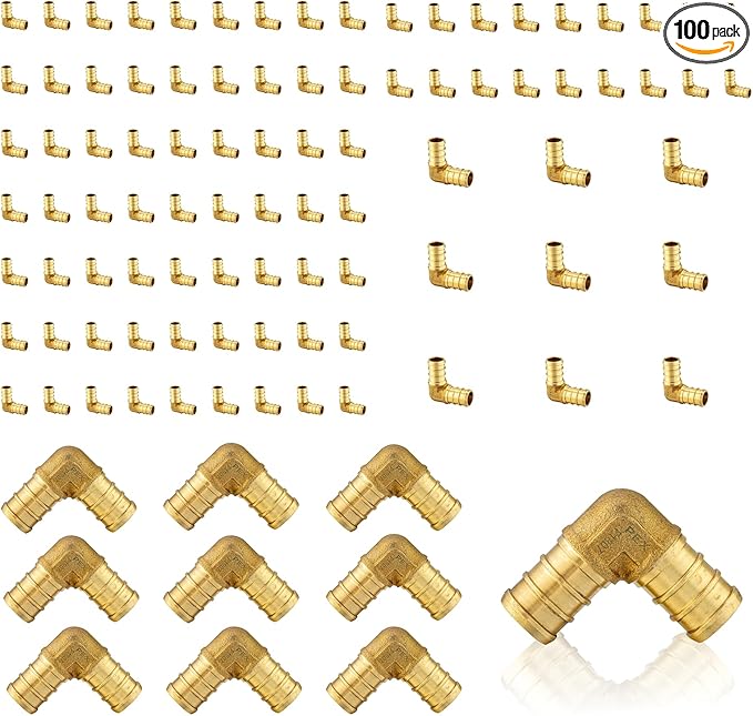100-Pack EFIELD Barb Crimp Pex 1/2 inch X 1/2 Inch 90 Degree Elbow Brass Fittings For Pex Pipe/Tubing Connection,Potable Water Application,(PEX1807062-100PCS)