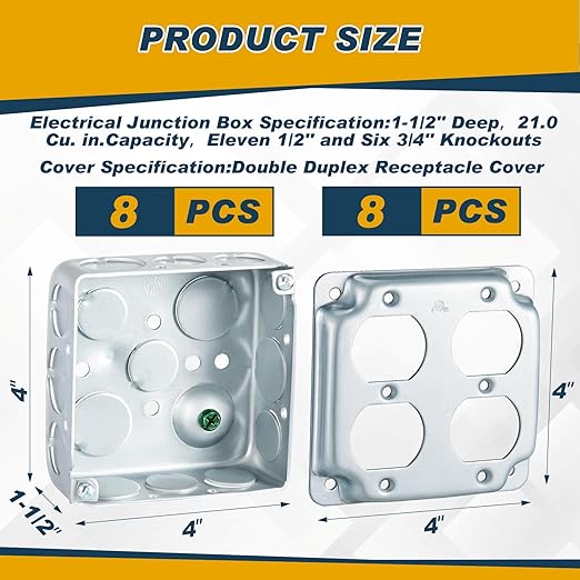 8 Set 4 × 4" Electrical Junction Box with Cover Electrical Metal Outlet Box, 21.0 Cu. in. Capacity Receptacle Exposed Work Cover, 1-1/2'' Deep (Double Duplex Receptacle)