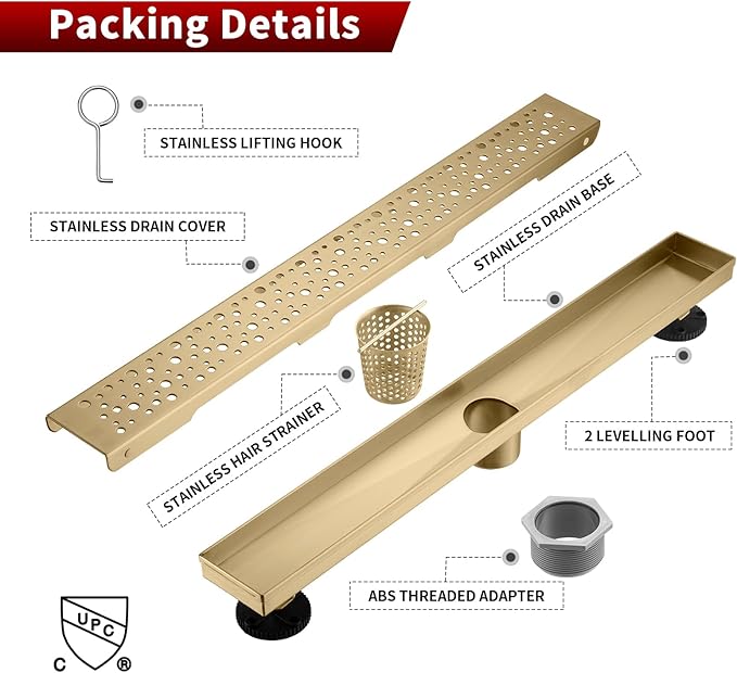 Sharp-tec 32 inch Linear Shower Drain, Gold Rectangular Floor Drain, V-Shape Design Drain Channel, 304 Stainless Steel, cUPC Certificated for Bathroom Shower Room (Drain Base is Not Included)