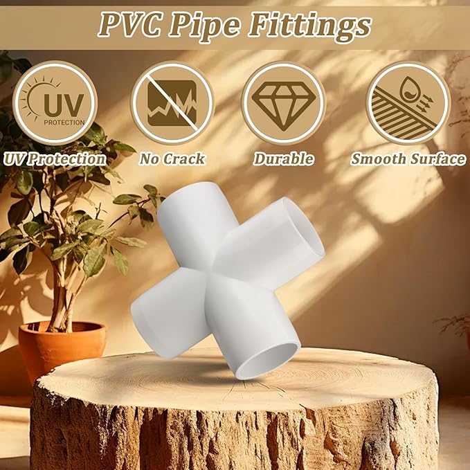 12-Pack 1" PVC Fittings Cross, Furniture Grade 1 Inch PVC Pipe Fittings 4 Way, UV Resistant, Fits SCH40 Pipe DIY Garden Shelves, Greenhouse, Shelf
