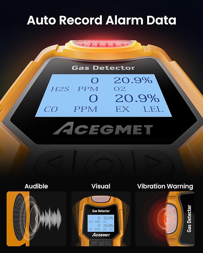 ACEGMET MG10 Gas Detector with Type-C Charging, 4 Gas Monitor Multi Gas Detector, Vibration, Visual and Audible Alarms, 14h Battery Life, for Work, Home, Orange