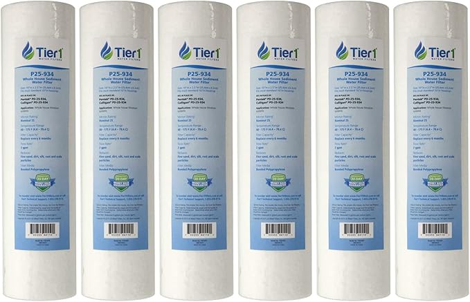 Tier1 25 Micron 10 x 2.5 Inch | 6-Pack Spun Wound Polypropylene Whole House Sediment Water Filter Replacement Cartridge | Compatible with Pentek PD-25-934, American Plumber W25P, Home Water Filter