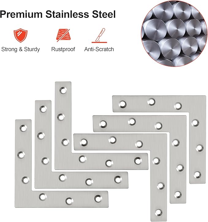 SAYAYO L Brace, 120x120mm / 5" x 5" Metal L Mending Plate L Flat Plate Bracket Stainless Steel Right Angle Corner Brace for Wood Brushed Nickel (6 PCS )
