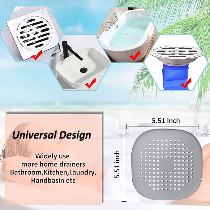 Hair Drain Catcher,Square Drain Cover for Shower Silicone Hair Stopper with Suction Cup,Easy to Install Suit for Bathroom,Bathtub,Kitchen 4 Pack (Grey Aluminium White)