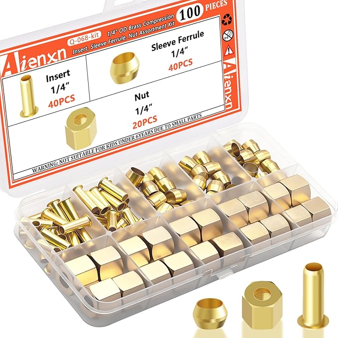 100PCS 1/4" Brass Compression Fittings Assortment kit, Insert, Sleeve Ferrule, Nut for Connecting air, Fuel, Water, Oil and inert Gases Lines