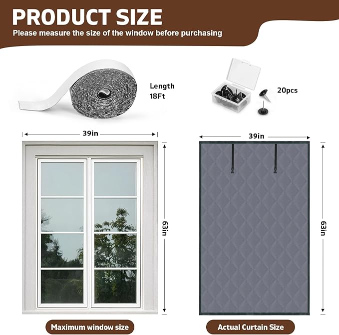 Thermal Window Cover for Winter Insulated Window Cover with 3 Layer Design 63" x 39" Oxford Thermal Insulated Window Blanket Gray Window Insulation Kit for Winter Keeping Warm