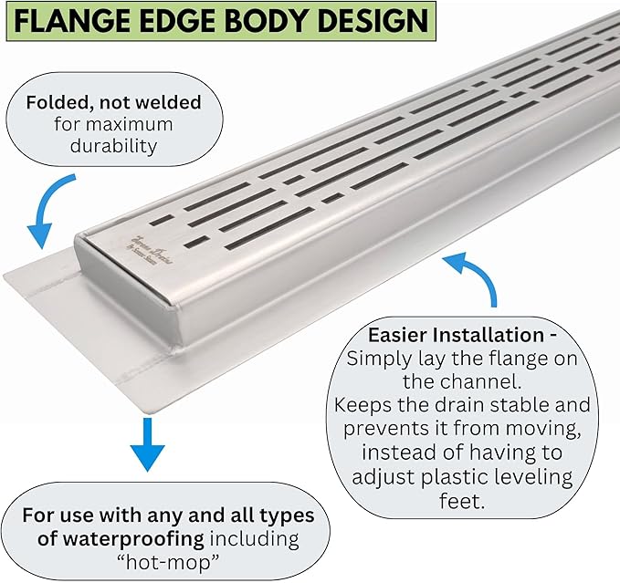 SereneDrains 304 Stainless Steel Brushed Nickel Linear Shower Drain Kit Ocean Wave Linear Shower Drains for Tile Floor Long Hair Catcher Strainer Grate Cover Bathroom (16 Inch)