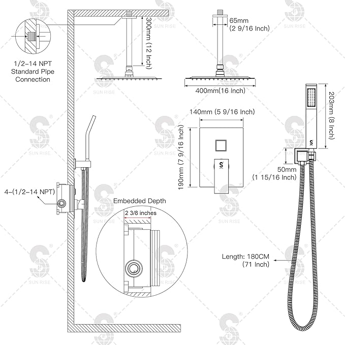 SR SUN RISE 16 Inch Ceiling Mounted Shower System Rain Mixer Shower Combo Set Rainfall Shower Head System Brushed Gold Shower Faucet Rough-in Valve Body and Trim Included
