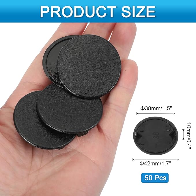 uxcell 50Pcs Plastic Hole Plugs, 1-1/2"(38mm) Flush Type Panel Round Screw Caps Cover Fastener Knockout Locking Plugs for Furniture Insert End Caps Panels, Black