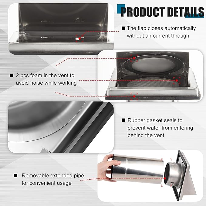 Gisafai 4" Dryer Vent Cover Outside with Stainless Steel Guard Wall Dryer Exhaust Cap and Removable Extended Pipe Vent Shroud Hood Cushioned Non Return Flap with Sealing Gasket Grille(Silver)