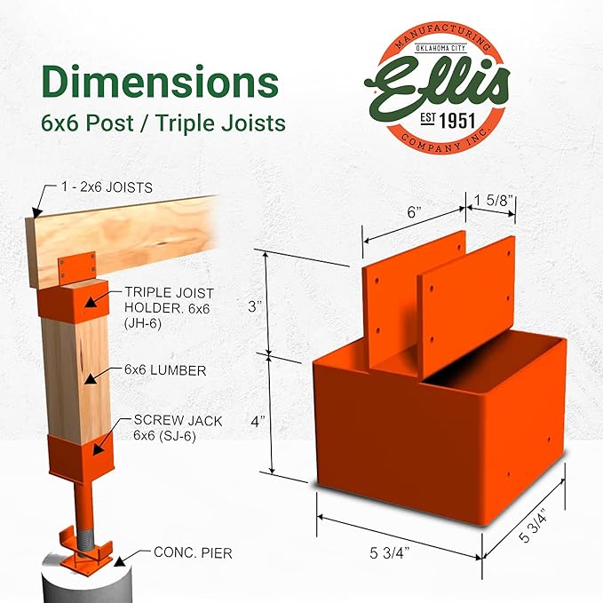 Ellis Manufacturing Company - Single 2x6 Joist Holder for 6x6 Post - Secure in Crawl Space - Metal Support, Wall Mount Bracket for Construction & Stability Applications