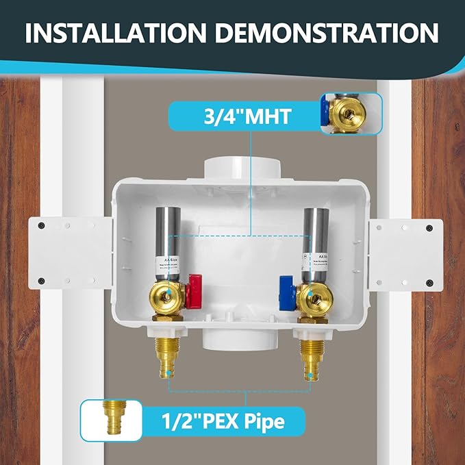 Washing Machine Outlet Box, Center Drain, 1/2 Inch Pex Crimp Inlet x 3/4 Inch MHT Outlet Connection, with Stainless Steel Water Hammer Arrestor (Pack of 30)