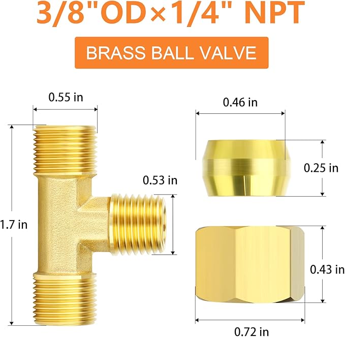 GASHER 5PCS Brass Compression Tube Tee Pipe Fitting Connector，3/8" OD x 1/4" NPT x 3/8" OD，Male Branch Tee