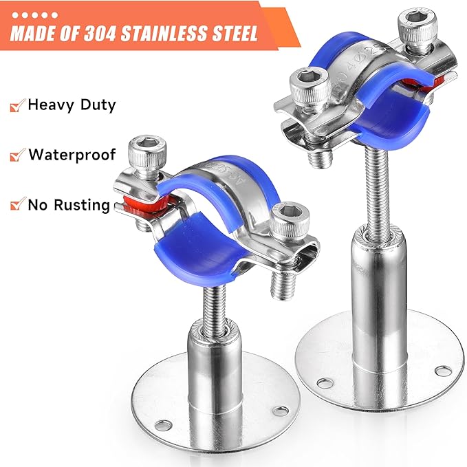 6PCS 304 Stainless Steel Wall Mount Ceiling Mount Pipe Supports,Suitable for OD Pipe 32-34mm,Adjustable Height 20-40mm,Adjustable Pipe Strap Clamp with Screws