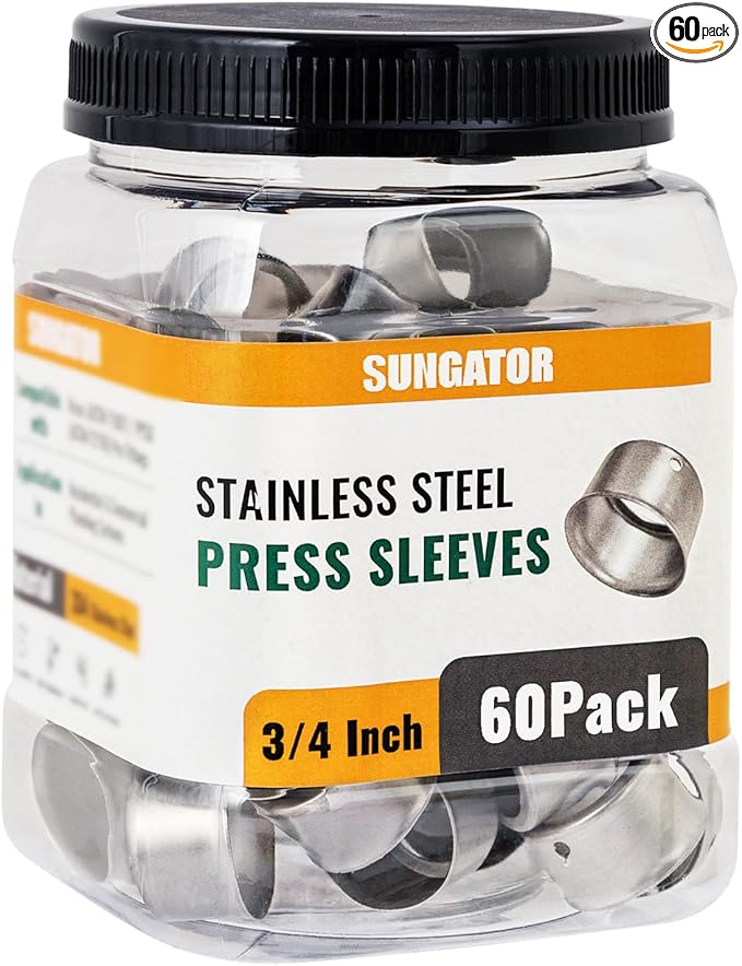 60 Pack 3/4" Pex Stainless Steel Press Sleeves, SUNGATOR 3/4'' Press Sleeves for 3/4 Inch Pex Pipe, Brass or Poly PPSU Pex Fittings