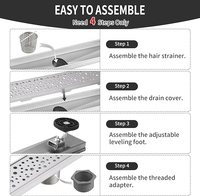 Linear Shower Drain 28 Inch, Bubbles Shower Drain SUS-304 Stainless Steel, 51L/Min Fast Drainage Floor Linear Drain, US Standard CUPC Certified, Brushed Silver, SD-099