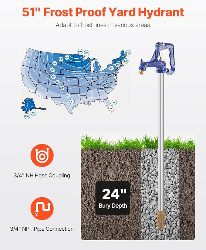 VEVOR Frost Proof Yard Hydrant, 4.25 FT Freeze-Proof Outdoor Faucet with 24" Bury Dept, 3/4" NPT Pipe Connection & 3/4" NH Hose Coupling, Heavy-Duty Cast Iron Hydrant for Yard, Garden, Farm Irrigation