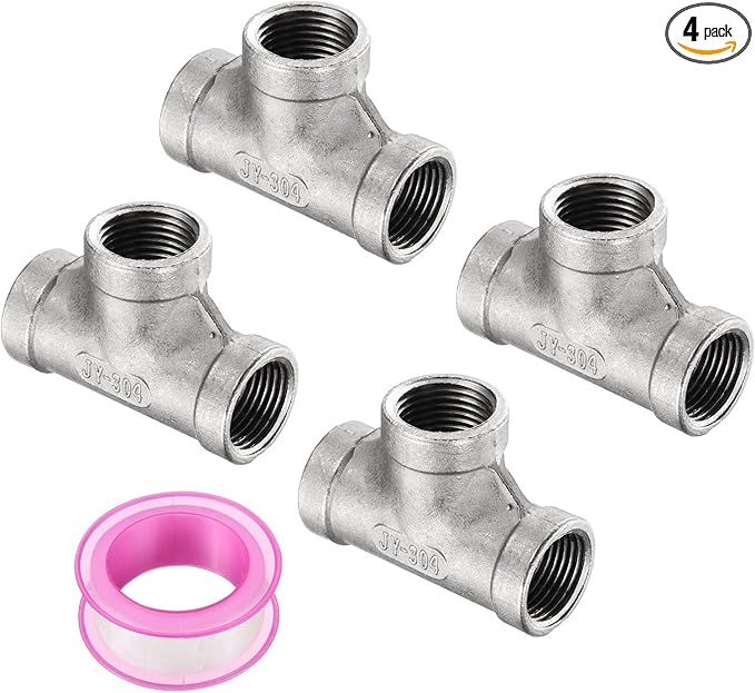 uxcell 4 Pcs 304 Stainless Steel Tee Pipe Fittings G3/8" Female Tee Adapter 3 Way t Shaped Cast Pipe Fitting Connector with Seal Tape for Plumbing Drainage Pipes Heating Systems