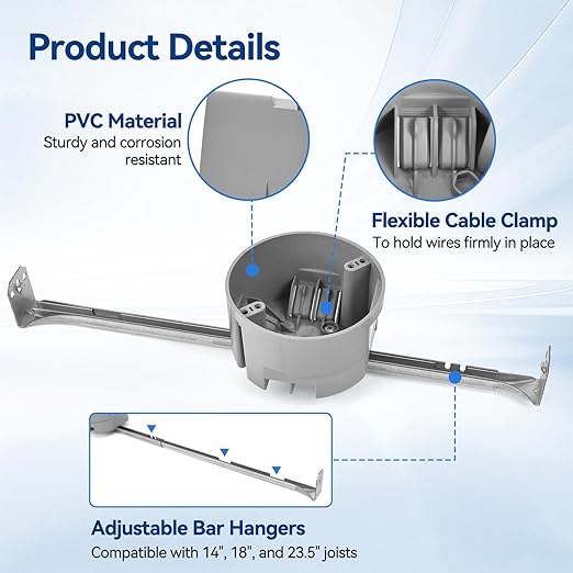 Round Electrical Box with Hanger Bar, 14"/18"/23.5" Adjustable, PVC Ceiling Box for Lights, 20 CU.in, UL Listed, 6 Pack