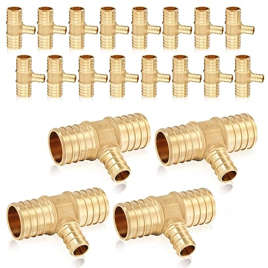 20-Pack HeSun PEX Fittings, 1"x1"x1/2" Pex Tee, Brass Crimp Fitting for ASTM F1807(PEX1807086-20)