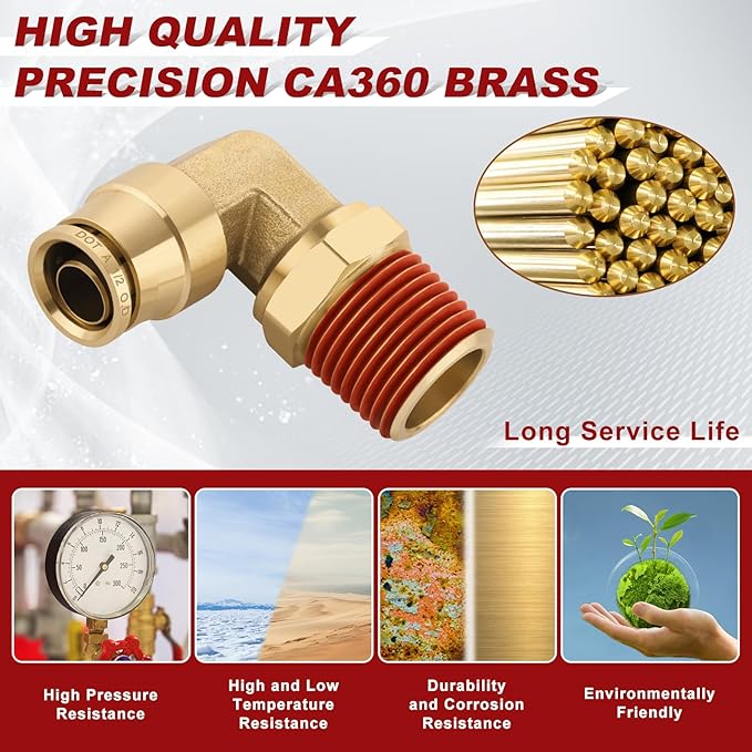 1/2" Quick Push to Connect Fittings Brass 90 Degree Union Swivel Elbow Joint DOT Approved 1/2" Tube OD x 1/2" NPT Thread Air Brake Line Adapter Air Suspension Kit for Car Truck Trailers 2pcs