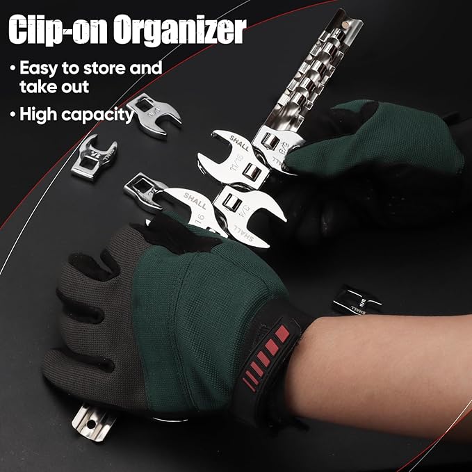 SHALL 3/8" Crows Foot Wrench Set, 11-Piece SAE Crowfoot Wrench Set with Clip-on Organizer, 3/8"-1", Tools for Mechanics, Access Fasteners in Tight Spaces