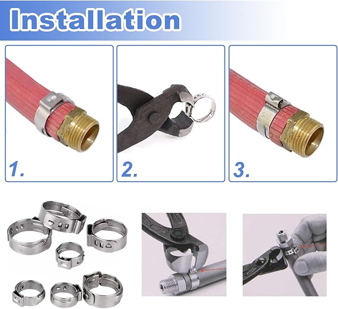 55Pcs 12.8-15.3mm 304 Stainless Steel Single Ear Hose Clamps Ear Stepless Hose Clamp Pinch Clamps Perfect for Automotive, Home Appliance Line and Plumbing