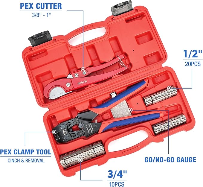 iCrimp PC-PC02KIT PEX Clamp Crimping Tool Kit with 1/2 inch(20 Pack) and 3/4 inch(10 Pack) PEX Clamp Rings, Pipe Cutter for PEX and Automotive Clamp Cinch and Removal