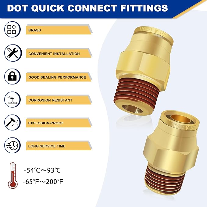 1/2" Brass Push to Connect DOT Air Brake Fittings, 3PCS Air Line Quick Connect Fittings 1/2" Tube OD x 3/8" NPT Connector Tube to Male Pipe for Truck Trailers Air Brake System