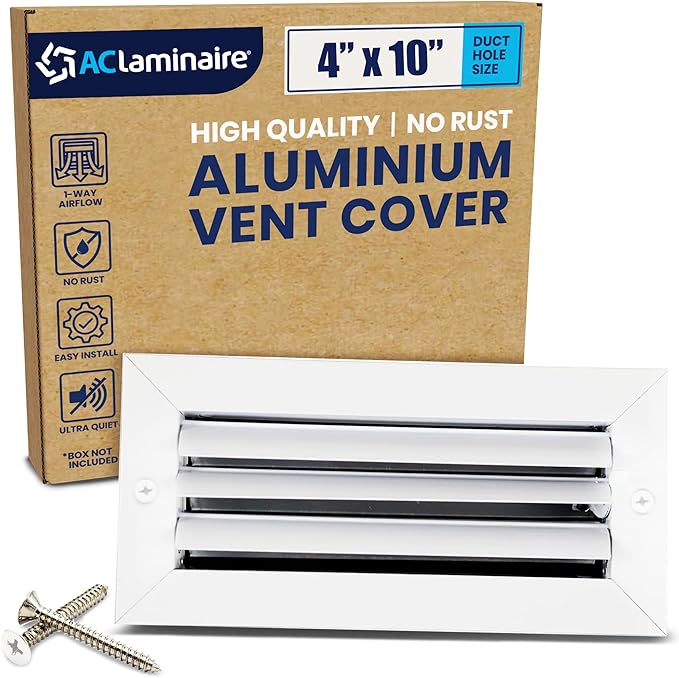 4x10 Inch (Duct Opening) Aluminum 1-Way Air Flow Vent – HVAC Vent Cover for Wall or Ceiling – Quiet HVAC Wall Register with Multi-Shutter Damper – Adjustable Curved Blade - Plastic Seal for Tight Fit