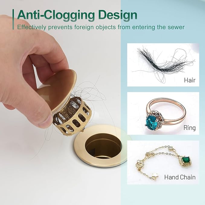 VOTON Brushed Gold Pop Up Bathroom Sink Drain with Overflow Assembly with Strainer Lavatory Vanity Vessel Pop Up Drain Stopper
