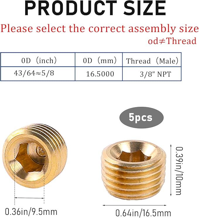 5 PCS 3/8" NPT Male Pipe Plug Fitting Set Brass Hex Counter Sunk Pipe Plug for Closing the End of Pipes, Internal Hex Socket Thread Socket Plugs Kit