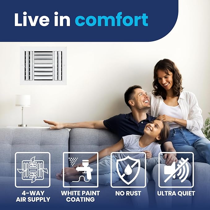 10x8 Inch (Duct Opening) Aluminum 4-Way Air Flow Vent – HVAC Vent Cover for Wall or Ceiling – Quiet HVAC Wall Register with Multi-Shutter Damper – Adjustable Curved Blade - Plastic Seal for Tight Fit