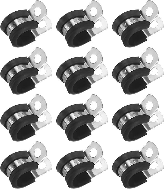 12-Pack Cable Clamps, 15/32 Inch/ 12 mm 304 Stainless Steel Rubber Cushioned Insulated Cable Clamp R Shape Metal Holder for Tube/Wire/Pipe/Loop Installation