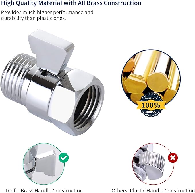 Tenfe Water Flow Control Valve for Shower Head, Brass Adjustable Water Pressure Regulator for Hand Held Shower Shut Off Valve, Polished Chrome On/off Switch G1/2 Standard Connection