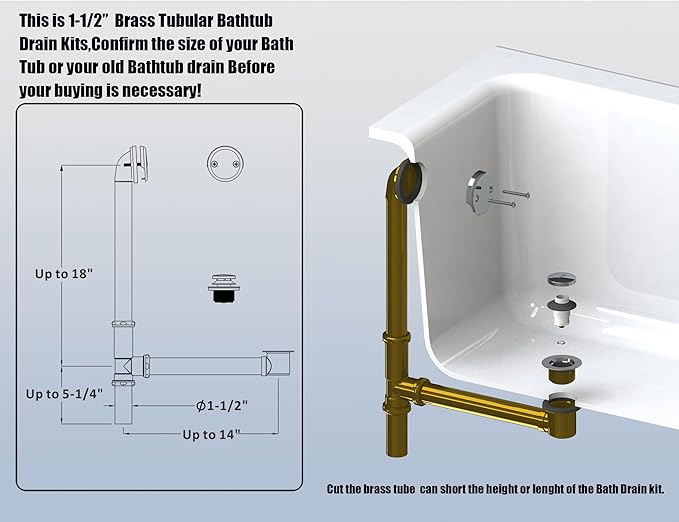 Artiwell 1-1/2" Brass Tubular Bath Drain Kit with Tip-Toe Bath Drain Stopper, Touch-Toe Tub Drain, Tip Toe Bathtub Drain Waste and Overflow with Plug and Bathtub Overflow Drain Cover, Chrome Plated