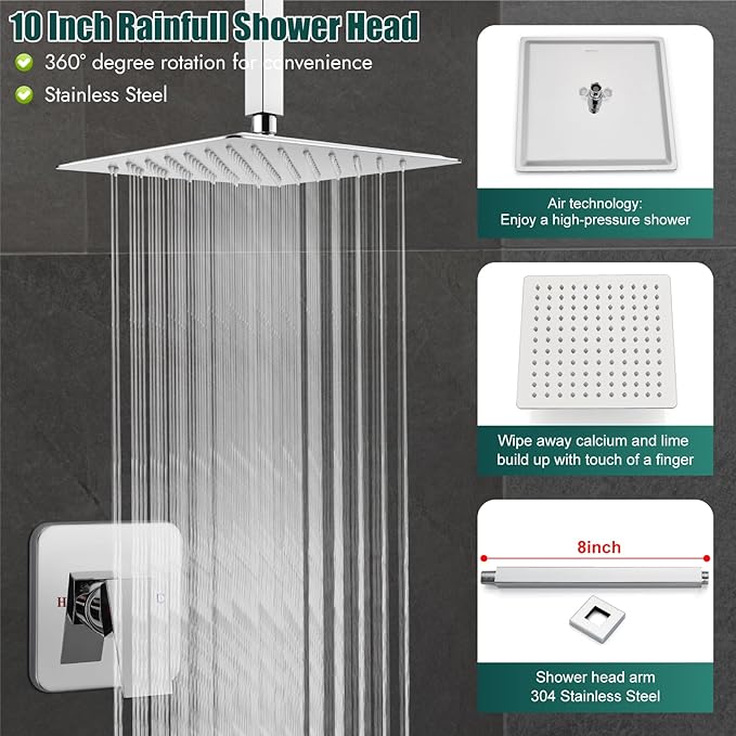 Heyalan Shower Faucet Set Square Stainless Steel Bathroom Rainfall Shower System One Handle Single Function Shower Trim Kit with Rough-in Valve Male Thread,Ceiling Mount,10 Inch,Polish Chrome