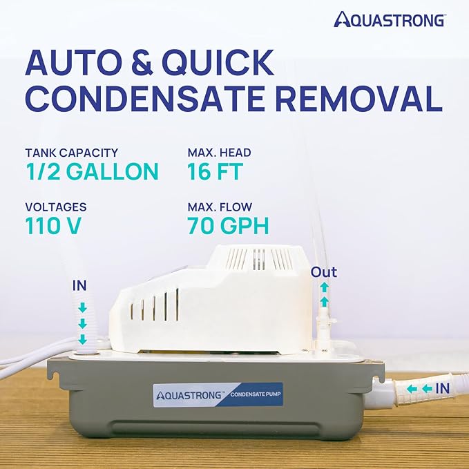Aquastrong 115V 70 GPH HVAC Condensate Pump, AC Condensate Remove Pump with Automatic Safety Switch & & 19.7ft Tubing for Air Conditioner, Furnace, Dehumidifier,Ice Maker,3.3' Power Cord