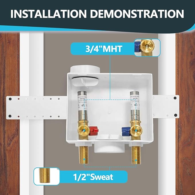 Washing Machine Outlet Box, Center Drain/Side Drain, 1/2 Inch MIP Sweat Inlet x 3/4 Inch MHT Outlet Connection, with Stainless Steel Water Hammer Arrestor(WM006)