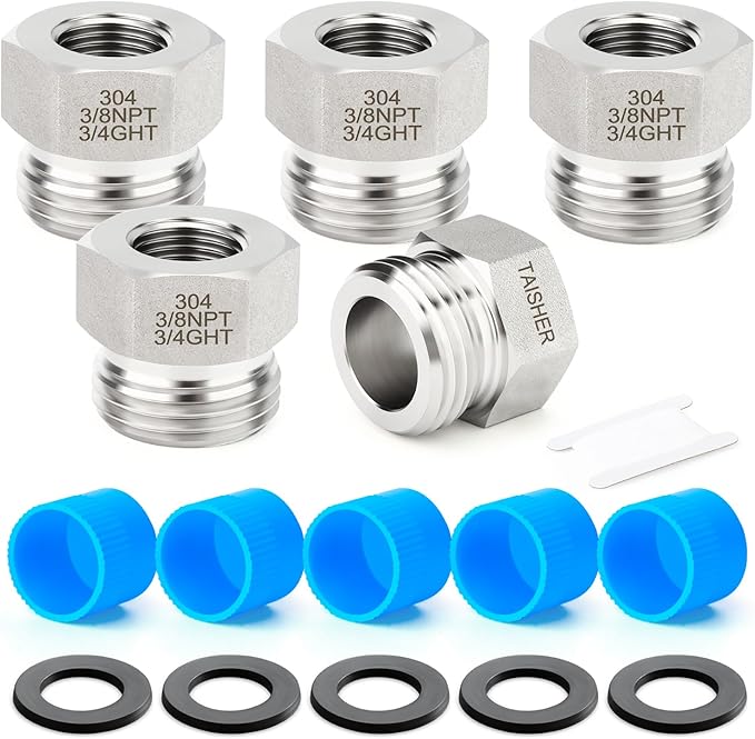 TAISHER 5PCS 304 Stainless Steel Garden Hose Adapter, Hex Bushing 3/4" GHT Male x 3/8" NPT Female Garden Hose Connector