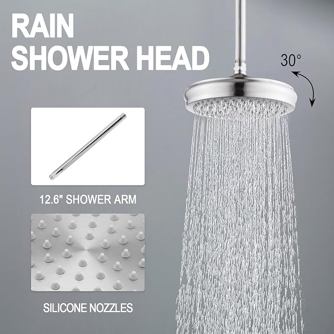 Enga Antique Shower Faucet Sets Dual Heads with 4 Body Jets, 8" + 6" Ceiling & Wall Mount Vintage Shower Head with Handheld Spray Combo, 4 Way Diverter Brass Valve, Brushed Nickel