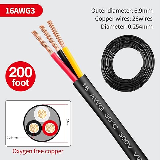 16 Gauge Wire 3 Conductor,16 AWG Electrical Wire Stranded PVC Cord Oxygen-Free Copper Cable,200FT 3 Core Pure Copper Flexible Cable Wire for LED Lamp Lighting Strips Automotive (16AWG-3C, 200FT)…