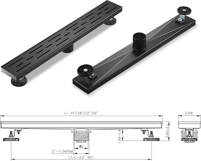 Linear Shower Drain, Matte Black Shower Drain 28 Inch with Removable Grate, SUS-304 Stainless Steel Rectangle Floor Drain with Leveling Feet and Hair Strainer, Bathroom Modern Drain SD-101